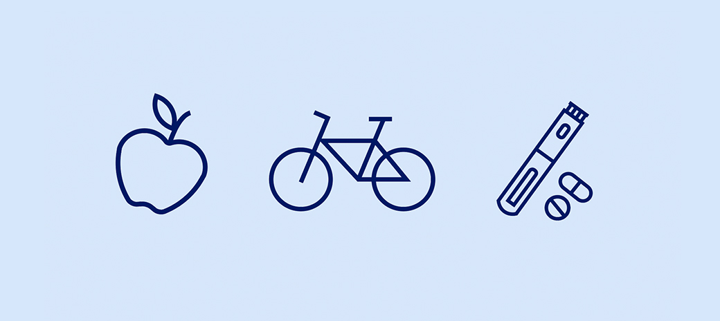 Graphical illustration showing an apple, a bike and a pen